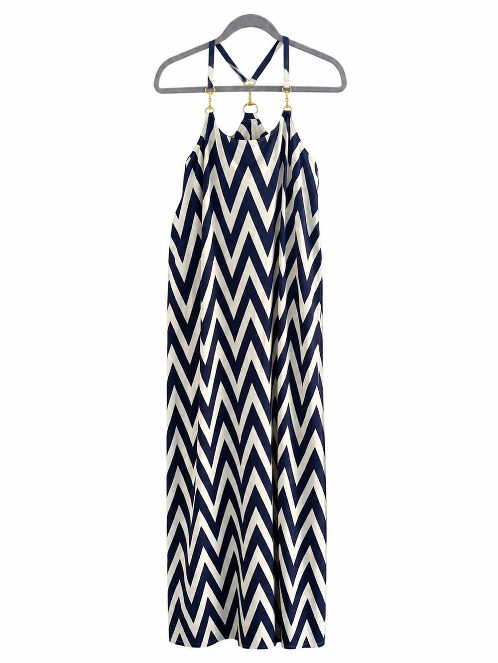 Julie Brown Navy Cream Chevron Maxi Dress Gold Hardware Size M